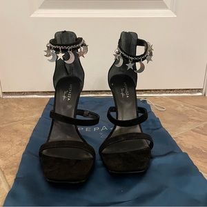 Apepazza Moon and Stars Zip Back Heels size 10 black suede ankle strap sandals